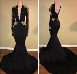 2018 Elegant Black Gold Applique Evening Dresses Mermiad Long Sleeves lace ruched Sexy Deep V Neck Low Back Sweep Train Prom Party Gown