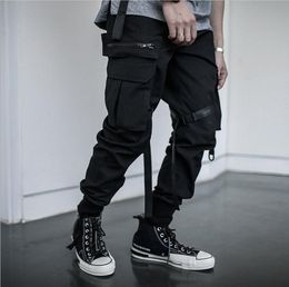 Pantaloni da jogging neri da uomo multitasche Hip Hop Streetwear Pantaloni da uomo in nastro di cotone pantaloni cargo elastico in vita3191