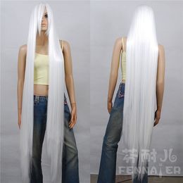 Costume cosplay fake hair pure white long straight hair 150cm oblique bangs wig