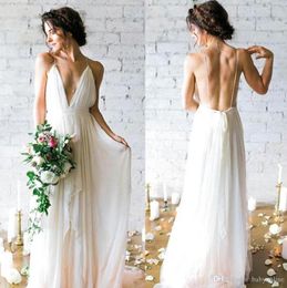 Cheap Beach Wedding Dresses Sexy Backless Spaghetti Straps Chiffon Sweep Train Long Wedding Dress Bridal Gowns Custom Vestidos De Novia