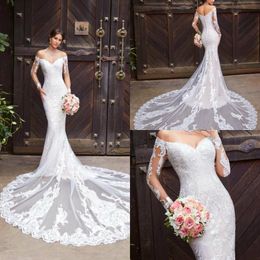 2019 Lace Mermaid Wedding Dresses Off The Shoulder Appliques Court Train Long Sleeve Wedding Dress Button Back Plus Size Beach Bridal Gowns