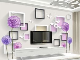 Custom Wallpaper 3d Purple Dandelion 3D Butterfly Living Room Bedroom Background Wall Decoration Wallpaper