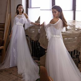 2020 Modest Elegant Leahdagloria Halter 3/4 Long Sleeve A Line Wedding Dresses Sequins Sash Wedding Gowns Sweep Train Bridal Gown