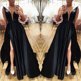 Sexy Black Scoop Neck A Line Prom Dresses Long Deep V Neck Floor Length Cheap Simple Satin Evening Gowns Abendkleider High Side Split