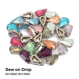 Hot selling Sew on Rhinestones Drop 8*13mm Opal Colour K silver claw set Resin Stones For Garment DIY Free Shipping