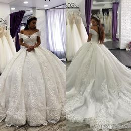 Luxury Lace Ball Gown Wedding Dresses With Cathedral Train Off Shoulder Lace Bridal Gowns Corset Back White Arabic Wedding Dress Plus Size