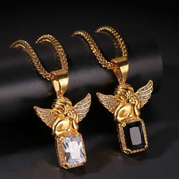 Men Women Hip Hop Necklace Yellow Gold Plated White Black CZ Angle Pendant Necklace for Men Women Punk Jewelry