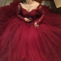 New Bury Ball Gown Quinceanera Dresses Off Shoulder Long Sleeves Lace Appliques Beaded Sweet 16 Tulle Plus Size Prom Evening Gowns