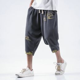 Streetwear Casual Pants Men Cotton Linen Harem Joggers Men Chinese Style Embroidery Calf-length Trousers