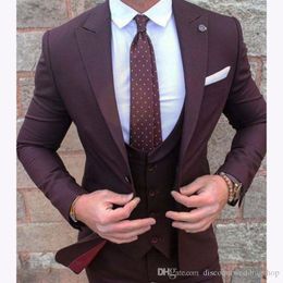 New Arrival Groom Tuxedos One Button Burgundy Men Wedding Prom Dress Blazer Party Business Suits (Jacket+Pants+Vest+Tie) J726