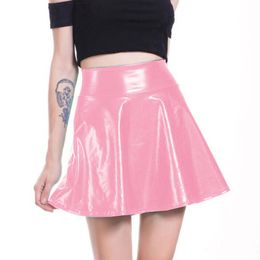 High Waist Stretch Mini Skater Skirt Summer Girls Fashion A-line Skirt Shiny Metallic Stage Dancing Clubwear High Street Wear