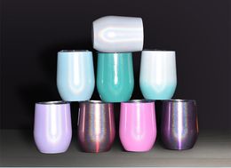 New 12oz Stainless Steel Wine Glasses Rainbow Tumbler Egg Shape Egg Cups with Lid Shatterproof Vacuum Stemless Cup