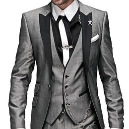 High Quality One Button Light Grey Wedding Groom Tuxedos Peak Lapel Groomsmen Men Formal Prom Suits (Jacket+Pants+Vest+Tie) W189