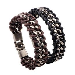 Vintage Braided Genuine Leather Bracelet Punk Wide Cuff Hollow Bracelet For Men Jewellery Wholesale Stainless Steel Bracelets