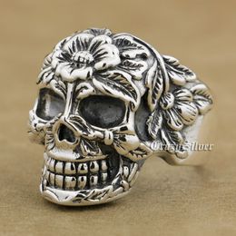 Wholesale- 925 Sterling Silver Flower Skull Mens Biker Punk Ring 9W005