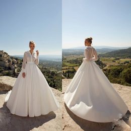 Newest Ball Gown Wedding Gowns High Neck Long Sleeve Satin Applique Sash Ruched Wedding Dresses Sweep Train Bridal Gown