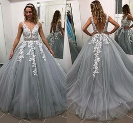 White Gray Ball Gown Prom Dresses V Neck Sheer Straps Appliques Lace Beading Tulle Floor Length Backless Plus Size Party Dresses