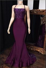 Puple Halter Satin Mermaid Long Prom Dresses 2020 Sequins Applique Backless Criss Cross Sweep Train Formal Evening Party Gowns