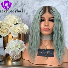 New style Synthetic Lace Front Wig Loose Wave Ombre Green Wig Glueless Short bob Wigs For Black Women cosplay party