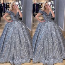 Sequin Glitter Sier Arabic Ball Gown Prom Dresses Off the Shoulder Ruffles Masquerade Plus Evening Gowns Party Dress Vestido De Festa s