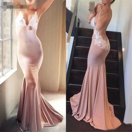 pink Sexy Backless Mermaid Evening Dresses Spaghetti Straps Lace Elastic Satin Blush Pink Long Prom Gowns 2019 Women Party Dresses