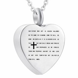 Stainless Steel Bible Lords Prayer Cross Urn Pendant Necklace Silver Heart Cremation Jewelry with Fill Kit