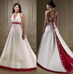 Vintage White and Burgundy Satin A Line Wedding Dresses Halter Neck Embroidery Beaded Open Back Lace Up Court Train Wedding Bridal Gowns