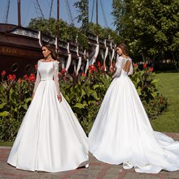 bohemian bridal dresses bateau neck appliqued long sleeves wedding dress open back bow sash sweep train custom made robes de marie