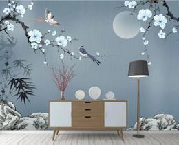New Chinese style blue flower 3d wallpapers hand-painted stone bamboo leaf plum blossom background wall decoration painting