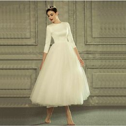 -Vintage 50s Tutu vestido de novia de 3/4 mangas de tul de longitud de té Fantasía Tamaño corto vestidos de novia vestido de Noiva Personalizar Plus 2020