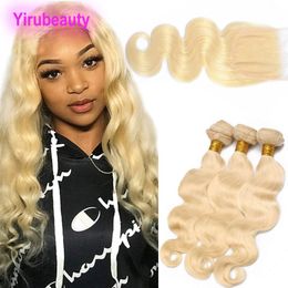 Brazilian Virgin Hair 3 Bundles With 4X4 Lace Closure 4 Pieces/lot Body Wave 613# Blonde Human Hair Extensions With Closures