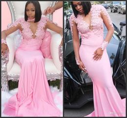 Pink Satin Long Sleeve Elegant Evening Dresses High Neck Mermaid Black Girl Prom Dresses 2020 New African Party Special Occasion Dress Beads