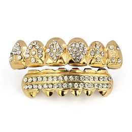 18K Plated Gold Face Grills for Teeth Grillz for Men Women Iced Out Hip Hop Poker Heart CZ Diamond Top & Bottom Set
