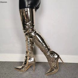 Rontic Handmade Women Thigh High Boots Sexy Stiletto Heels Boots Pointed Toe Gorgeous Champagne Shoes Women Plus US Size 5-15