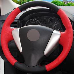 Black Red Genuine Leather Hand-stitched Car Steering Wheel Cover for Nissan Tiida Sylphy Sentra Versa Note 2014-201