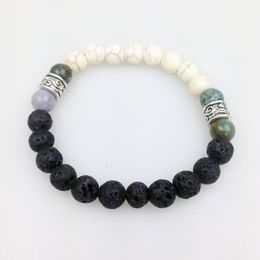 SN0056 Men's black lava stones pyrite and white Howlite calming healing stones healing Jewellery volcanic stone bracelet