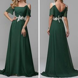 Elegant Short Sleeves Two Straps Formal Sweep Train Zipper Up Evening Dresses Modest Chiffon Bridesmaid Prom Gowns With Applique