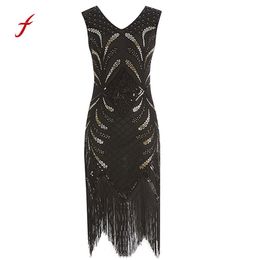 Dress Women Vintage 1920s Flapper Costume V-neckline Fringed Sequin Dress black Slim soft touch dresses summer new arrival 2019