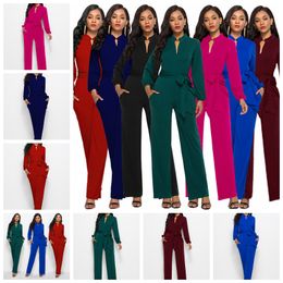 European fashion solid Colour sleeve long sleeve double pocket casual wide leg jumpsuit support mixed batch