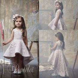 2020 High Low Flower Girl Dresses Lace Appliqued Jewel Neck Cute Little Kids Birthday Party Gowns Girls Pageant Dress