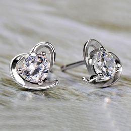Women Heart Shape Stud Earring Round White Purple Rhinestone Wedding Bridal Earring Gift for Love Girlfriend Wholesale