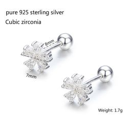 Fashion- Pink CZ 925 Sterling Silver Flower Screw Stud Earrings For Women Girls Kids Piercing Jewellery Orecchini Aros Arete
