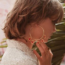 New Arrived Exaggerated Red Heart Pendant Big Hoop Tassel Earrings For Women Vintage Lady Jewellery Statement Circle Oorbellen