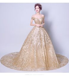 2019 New Arrival Gold Sequins Ball Gown Arabic Wedding Dress off the Shoulder Dubai Simple Elegant Non White Bridal Gowns Cheap