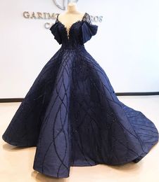 Dark Navy Ball Gown Beading Evening Dresses Sheer Off The Shoulder Sequined Backless Prom Gowns Chapel Train Plus Size Formal Dress