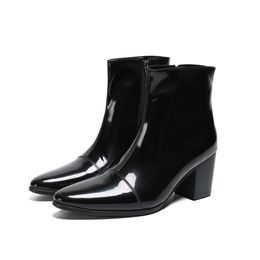 7CM High Heel Men Boots Pointed Toe Leather Dress Boots Men Zip Black Business Leather Ankle Boots Bota Masculina!