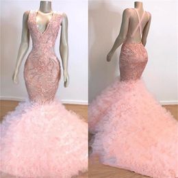 Gorgeous Pink V Neck Evening Dresses 2019 Mermaid Lace Tulle Tiered Sweep Train Prom Gowns Sequined Criss Cross Back Sexy Party Dress
