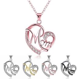 Hot Luxury MOM Love letter Necklace White Crystal Rhinestone Bicolor Heart Pendant Link chain For women Fashion Jewelry Mother's Day gift