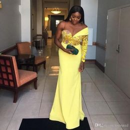 Sexy Yellow One Shoulder Prom Dresses 2019 Sheer Neck Lace Long Sleeves Mermaid Evening Gowns Floor Length African Party Dress Cheap