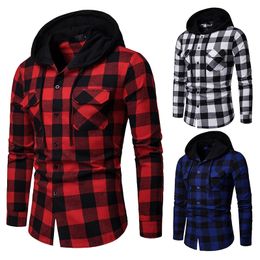 2019 New Plaid Shirt Men Spring Casual Hooded Shirts Men Outwear Hoodies Fashion Camisas Masculina Chemise Homme EU Size S-XXL